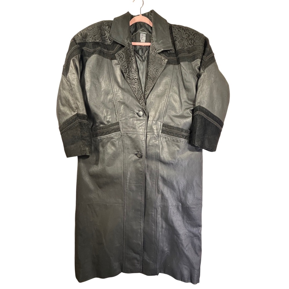 Greg Bell Vintage Black Leather Trench Coat Paisley Western Duster Long 48in